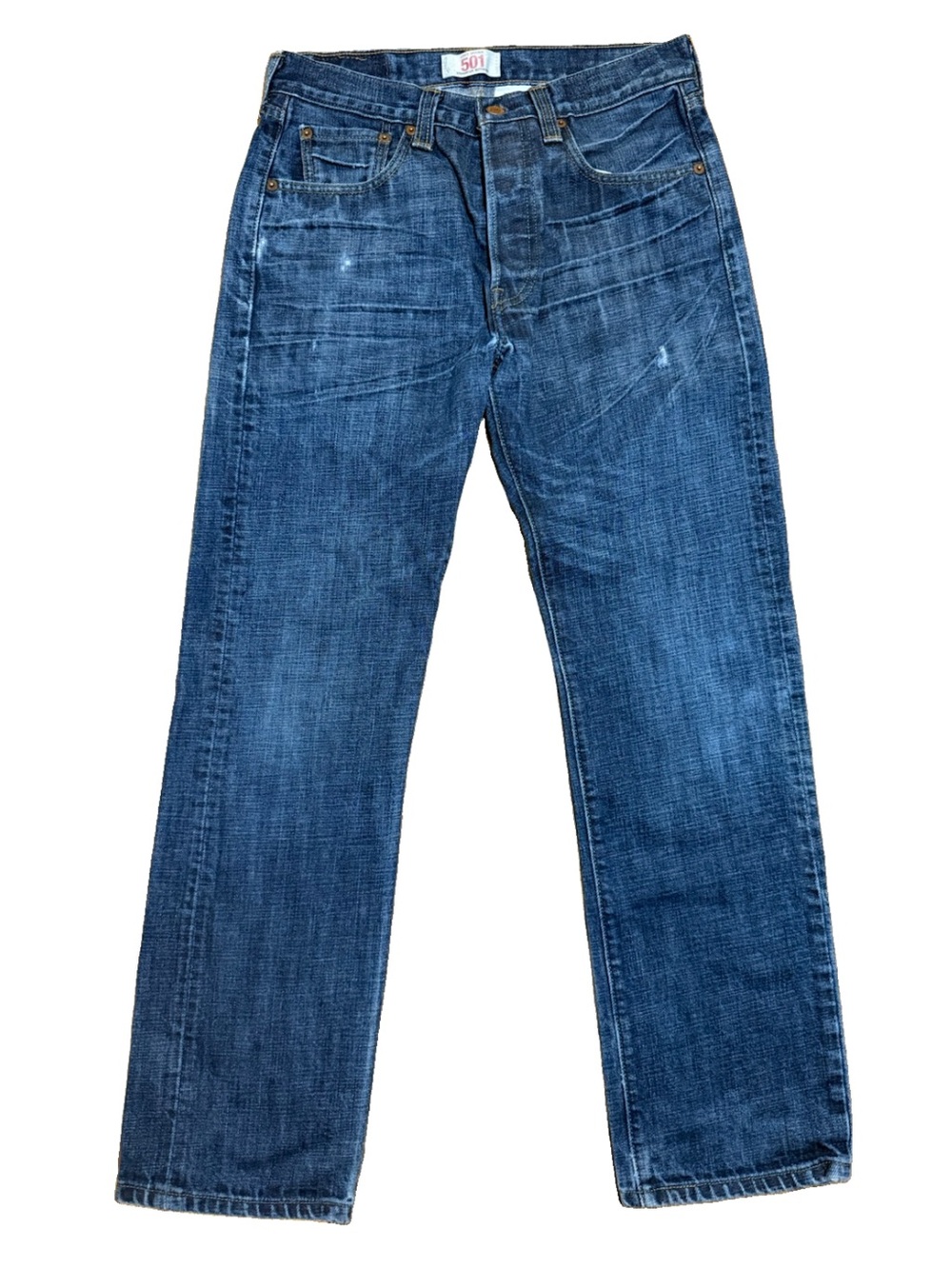 Levis 501 Button Fly Straight Leg Blue Denim Jeans Mens 29 x 30 Distressed